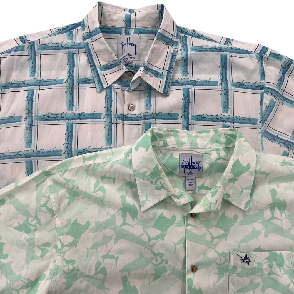Guy Harvey‎ AFTCO Bluewater Button Fishing Shirts Lot 2 Men XXL Teal Coastal AOP